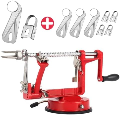 Apple Peeler, Slicer Corer Potato Peelers 3 In 1, Stainless Steel Heavy Duty Suction Cup Base And 7 Extra Blades (Red)