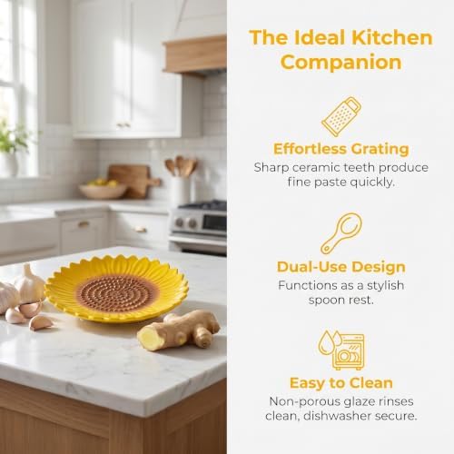 Ceramic Garlic Grater Plate & Spoon Rest, Sunflower Kitchen Decor