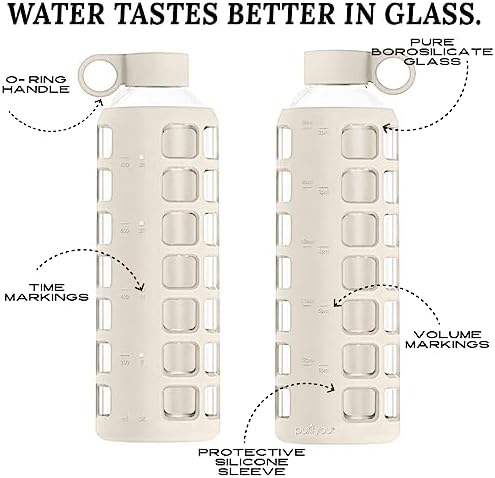 40oz / 32oz / 22oz / 12oz Borosilicate Glass Water Bottle with Time & Volume Markers, Silicone Sleeve, Stainless Steel Lid | Reusable Glass Bottle for Water & Juice