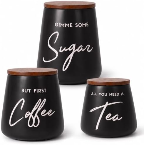Modern Coffee Tea Sugar Container Set, 3pc Ceramic Storage Jar, Matte Black