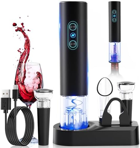Electric Wine Opener, Rechargeable Cordless Wine Accessories, Stainless Steel Cordless Automatic Wine Bottle Corkscrew with Vacuum Stoppers, Foil Cutter for Home Party Wedding, Bars(Black)