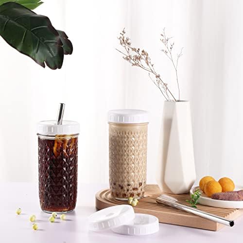 2 Pcs 24oz Glass Cups Set, Mason Jar Drinking Glasses with Lids and Straws & 2 Airtight Lids, Cute Reusable Smoothie cups, Iced Coffee Cups, Travel Tumbler for Bubble Tea, Juice, Gift