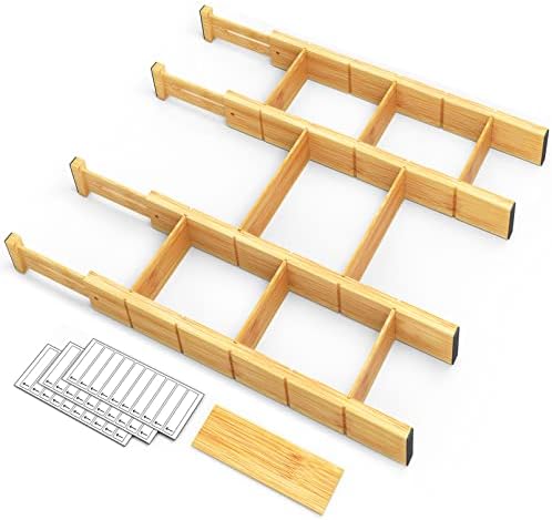 Bamboo Drawer Dividers with Inserts and Labels, Kitchen Adjustable Drawer Organizers, Expandable Organization for Home, Office, Dressers, 4 Dividers with 9 Inserts (17"-22" Natural)