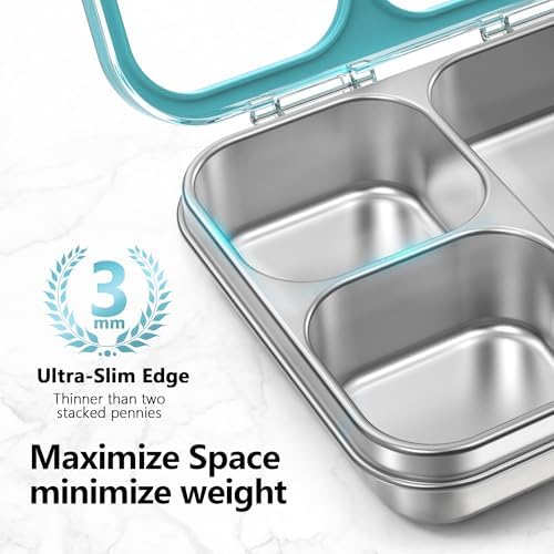 Stainless Steel Bento Lunch Box 3-Compartment, 4.2Cups, Blue