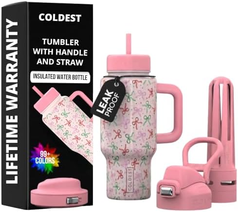 Coldest Tumbler with Handle & Coffee Lid - 100% Spill Proof Tumbler (3 Lids) - Stainless Steel Insulated Leakproof Tumblers for Women & Men - Cup Holder Friendly - 24 oz (Pink Bows) by Coldest