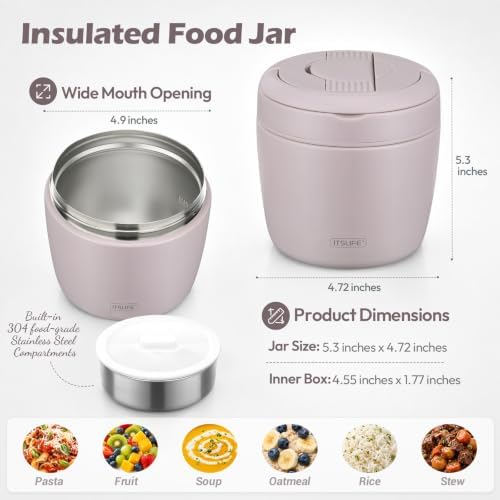 32oz Insulated Soup Thermo, Vacuum Stainless Steel Food Jar for Hot & Cold Food, Leakproof Wide Mouth Lunch Container with Spoon, Light Purple