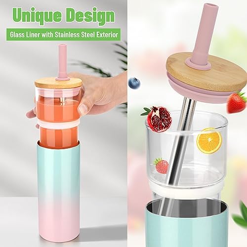 20 oz Vacuum Insulated Glass Tumbler with Lid and Straw - Keeps Drinks Cold for 12 Hrs - Reusable Glass Cup for Iced Coffee, Smoothies & Boba - Sweat & BPA Free, Dishwasher Safe, Fit Car Holder