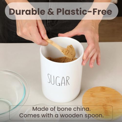 Sugar Ceramic Storage 4 Cup / 1080mL Container w/Bamboo Lid Silicone Seal & Spoon, Modern Abstract Art Design for Flour Coffee Spice Airtight Storage on Kitchen Counter Bathroom Organizer