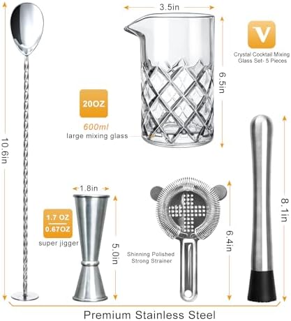 Cocktail Mixing Glass Set,Bar Mixing Set with 20oz Crystal Thick Bottom Glass,Spoon, Jigger,Strainer and Muddle,5 Pieces Cocktail Mixing Glass Kits Perfect for Amateurs and Bartenders