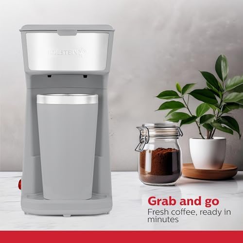 Holstein Housewares Personal Coffee Maker with 14oz Travel Mug – Compact One-Touch Brew Machine with Reusable Filter, Auto Shut-Off, Non-Stick Plate, Ideal for Home, Office, or Dorm. Grey - Image 4