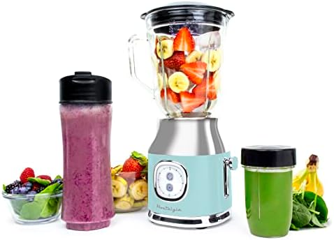 Nostalgia Classic Retro Electric Pulse Blender, 1 Liter Glass Pitcher, Includes Tritan Personal Travel Bottle With Lid And Storage Container, High Power 300 Watts Crushes And Pulverizes Ice Cubes by Nostalgia