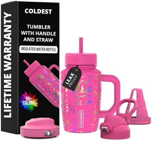 Coldest Tumbler with Handle & Coffee Lid - 100% Spill Proof Tumbler (3 Lids) - Stainless Steel Insulated Leakproof Tumblers for Women & Men - Cup Holder Friendly - 15 oz (Pink Moonlight Floral) by Coldest