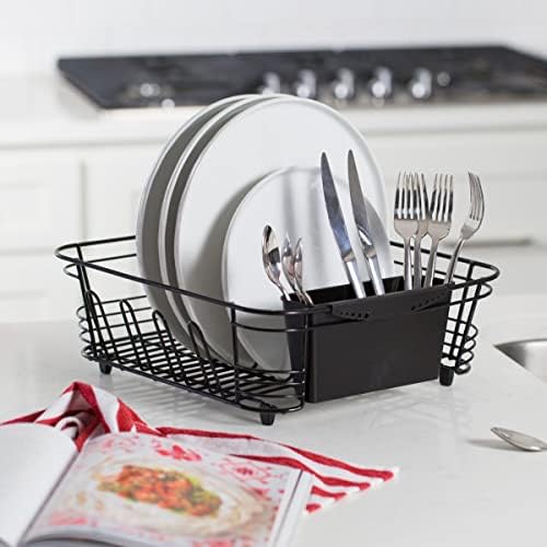 In-Sink Dish Drying Rack, Coated Steel, Black, 14.5 x 13 x 5 Inch, 2-Piece Set with Removable Utensil Caddy and Non-Slip Handles