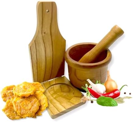 2pcs Pilon Tostonera Kitchen Latin Cuisine Wooden Mortar and Pestle with Natural Wood Plantain Press – Tostones Plantain Smasher Grinder for Fried Bananas, Garlic, Spices, Herbs, Peppers Add Flavor