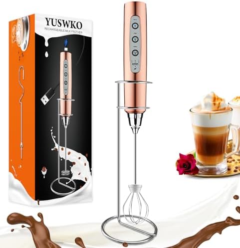 YUSWKO Handheld Milk Frother Wand for Coffee, Rechargeable Electric Whisk with 3 Heads 3 Speeds Drink Mixer Coffee Frother For Latte, Cappuccino, Hot Chocolate, Egg, Rose Gold with Holder by YUSWKO