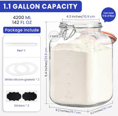 1.1 Gallon Wide Mouth Airtight Glass Storage Containers with Lids