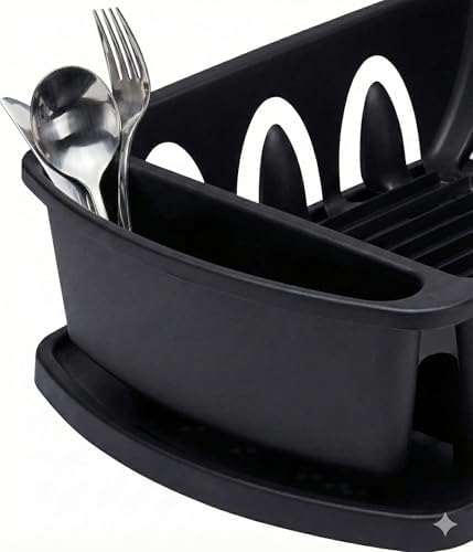 Sink Dish Drying Rack, Heavy Duty Hard Plastic Drying Rack, Dish Drainer for Kitchen Counter with Drainboard Set, with Silverware Holder - 18 x 13 x 6 (Black) - Made in USA