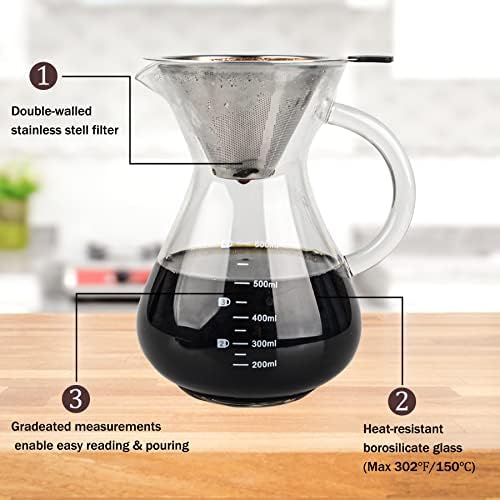 Pour Over Coffee Maker with Reusable Double-layer Stainless Steel Filter, 600ml/20oz BPA-Free Glass Coffee Carafe, Glass Coffee Maker, Coffee Dripper Brewer