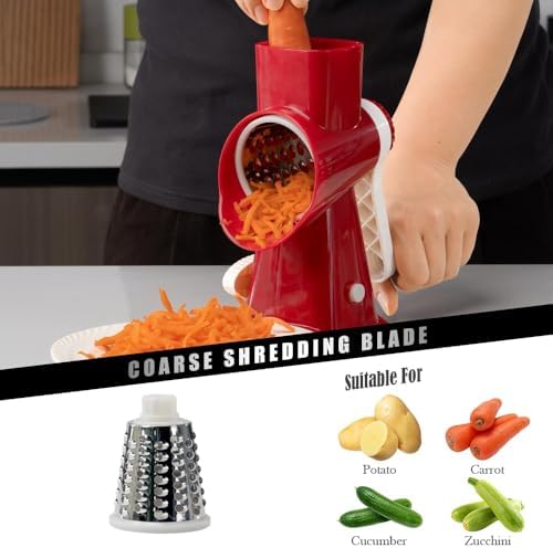 Badelite Cheese Grater Hand Crank Rotating Cheese Shredder Stainless Steel Vegetable Slicer Grater for Kitchen 3 Blades for Cheese, Carrot, Cucumber, Nuts, Chocolate, Red - Image 3