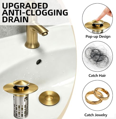 Bathroom Sink Stopper 3 in 1 Bathroom Sink Drain Strainer Universal Pop Up Sink Stopper with Removable Hair Catcher Anti-Clog Filter Basket Brass & Stainless Steel Brushed Gold 1 PC