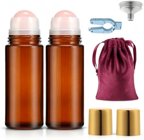Roller Ball Applicator,Rose Quartz Roller Bottle,50ml Refillable Amber Glass Roll On Bottles with Natural Crystal Roller Balls,Leak-Proof Travel Perfume Bottle with Gold Caps (2Pink) by Unknown