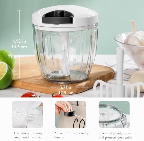 Pull‑String Manual Food Chopper with Sharp Blades, 900ml White