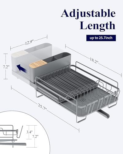 Extendable Large Dish Drying Rack, 18.2"-25.7" L x 12.9" W, Grey