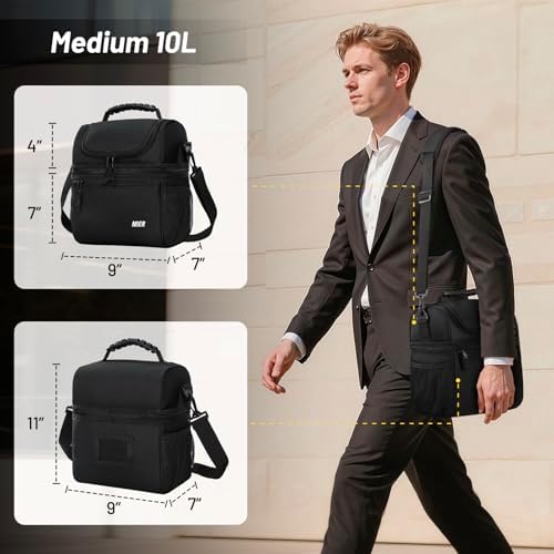 Insulated Lunch Box Bags for Men Women, Dual Compartment, Black
