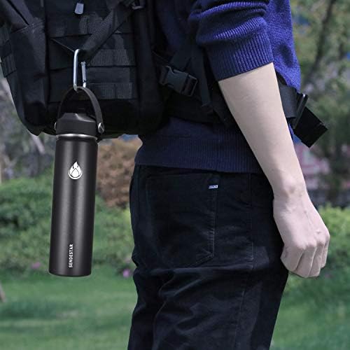 Insulated Water Bottle 24 OZ, Wide Mouth 24 oz Water Bottle with Straw Lid, Spout Lid, Double Wall Vacuum Stainless Steel Leak Proof, Keeps Liquids Hot or Cold (Black)
