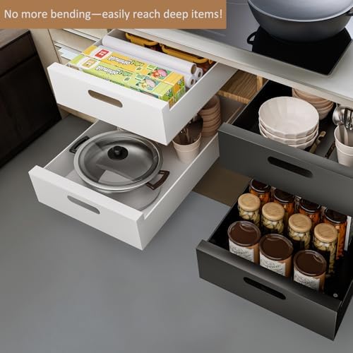 1 Pack | 21" Deep Pull Out Cabinet Organizer Adhesive, 10-Inch Wide Sturdy Carbon Steel Roll-Out Drawers, Designed for Frameless Cabinets, Slide-Out Shelves for Pantry.