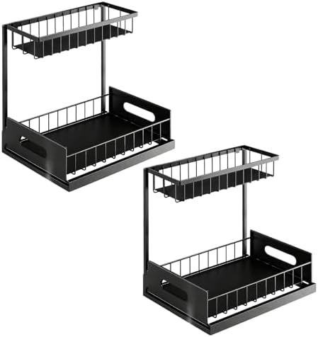 2 Pack Under Sink Organizer, Height Adjustable Pull Out Cabinet Shelf, Heavy Duty Metal Sliding Drawer, Rust-Resistant Storage for Kitchen Bathroom Pantry, Fits Tall Bottles & Plumbing P-Traps