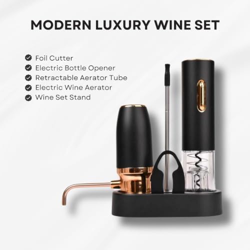 Rechargeable Electric Wine Gift Set - Wine Aerator, Wine Vacuum Stopper, Foil Cutter and Electric Bottle Opener with Stand - Great for Christmas Gift for Wife or Mom
