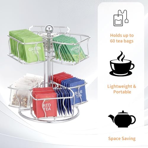 Tea Bag Organizer, 360 Degree 2 Tier Tea Bag Spining Carousel Organizer with 6 Compartments for Countertop Kitchen Cabinet, Holds Up to 60 Bags
