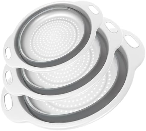 Collapsible Colander 3-Pack Set Space-Saving Foldable Kitchen Strainer with Non-Slip Base Durable Thickened PP+TPE Collapsible Strainers for Pasta, Vegetables, Fruits (Gray-White)