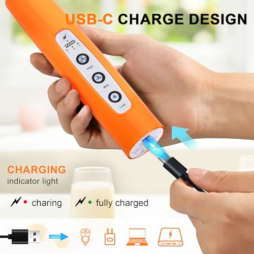 YUSWKO Fluorescence Orange Handheld Milk Frother Wand for Coffee, Rechargeable Electric Whisk with 3 Heads 3 Speeds Drink Mixer Coffee Frother For Latte, Cappuccino, Hot Chocolate, Egg - Image 2