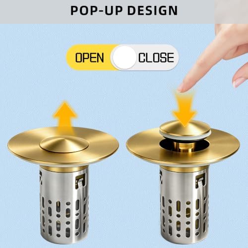 Bathroom Sink Stopper 3 in 1 Bathroom Sink Drain Strainer Universal Pop Up Sink Stopper with Removable Hair Catcher Anti-Clog Filter Basket Brass & Stainless Steel Brushed Gold 1 PC