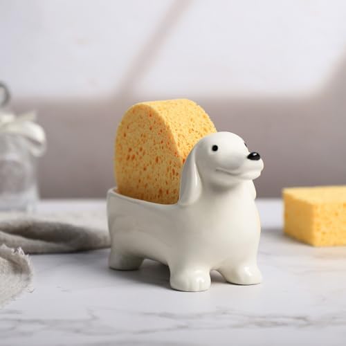 Ceramic Dachshund Shaped Sponge Holder for Kitchen Sink Counter, Sponge Rack, Sink Caddy Organizer