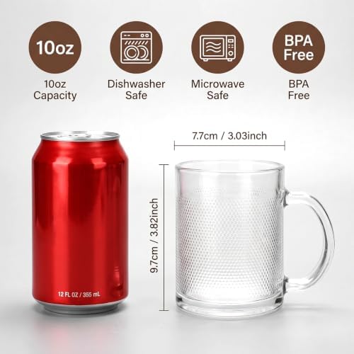 12oz Clear Embossed Glass Coffee Mugs Set of 12, Glass Mugs with Handles