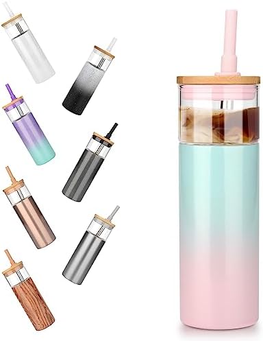 20 oz Vacuum Insulated Glass Tumbler with Lid and Straw - Keeps Drinks Cold for 12 Hrs - Reusable Glass Cup for Iced Coffee, Smoothies & Boba - Sweat & BPA Free, Dishwasher Safe, Fit Car Holder