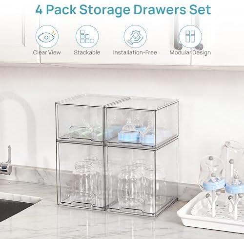 Clear Stackable Storage Drawers Set of 4, Baby Bottle Organizer