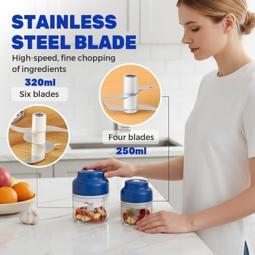 Electric Garlic Chopper, Mini Food Processor Small USB Rechargeable Mini Chopper, Wireless Electric Veggie Grinder & Garlic Mincer for Onion, Chili, Ginger (Blue, 320ML) - Image 5