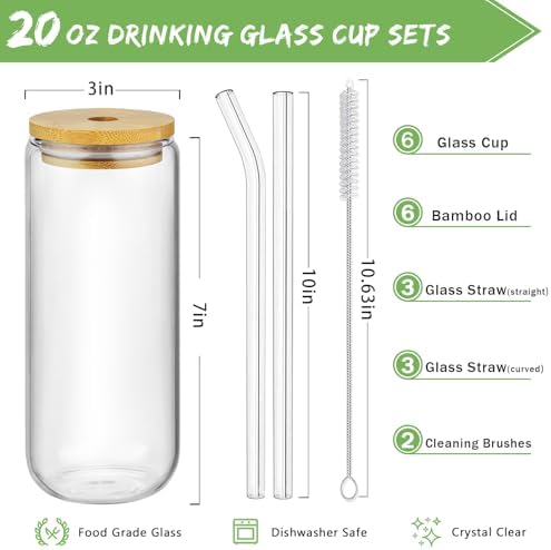 20 Oz Drinking Glasses - 6 Pcs Glass Cups with Bamboo Lids and Straws