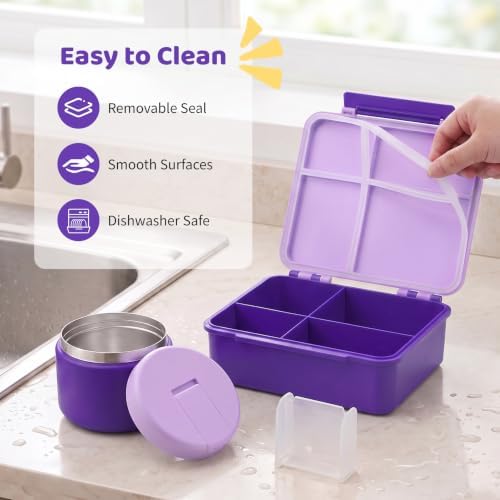 Bento Lunch Box with 8oz Soup Thermo, Kids Leakproof Lunch Food Containers with 4 Compartment, Kids Thermo Insulated Hot Food Jar for School, Trvael (Purple)