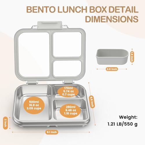Stainless Steel Bento Lunch Box for Kids Adults, 3 Compartments Metal Bento Box with Transparent Lid & Silicone Container for Kids,Dishwasher-Safe,School & Travel,BPA-Free(Grey)