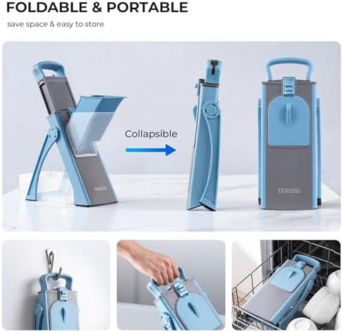 Safe Mandoline Slicer Multi Vegetable Chopper, Foldable 4 in1 Fruit Slicer Dice Strip Shred Veggie Cutter with 0-8mm Thickness Adjustable Built in Blades, Detachable Salad Chopper - Image 5