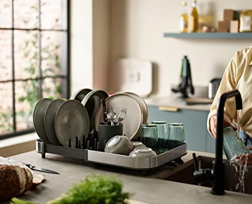 Joseph Joseph Duo Expanding Dish Drying Rack with Removable Silverware Holder, Draining Spout, Stainless Steel