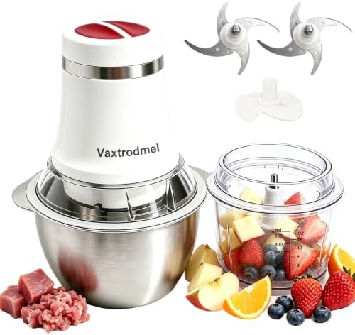 Food Processor with 2 Bowl (5 Cup + 4 Cup), 2 Speed Control, Small Food Chopper with 2 Set of Dual Blades SS, Dishwasher Safe, Milk Frother Disc, Meat Grinder + Vegetable Chopping, 3 Years Support