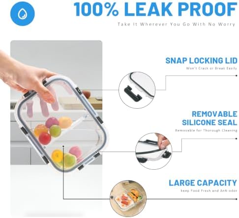 2 & 3 Compartments Glass Meal Prep Containers, Leak-Proof, Grey