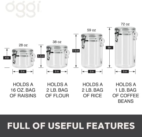 Oggi 4pc Clear Canister Set with Clamp Lids & Spoons - Airtight Food Storage Containers, Ideal for Kitchen & Pantry Storage of Bulk, Dry Food Including Flour, Sugar, Coffee, Rice, Tea, Spices & Herbs