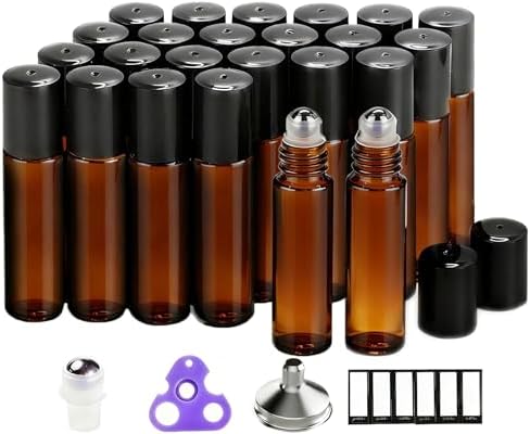 PrettyCare Set of 24, 10 ml Amber Glass Roller Bottles for Essential Oil with Stainless Steel Roller Ball - Refillable Leak-proof Empty Roll on Bottles with Black Caps for Travel, Perfume,Lab by PrettyCare